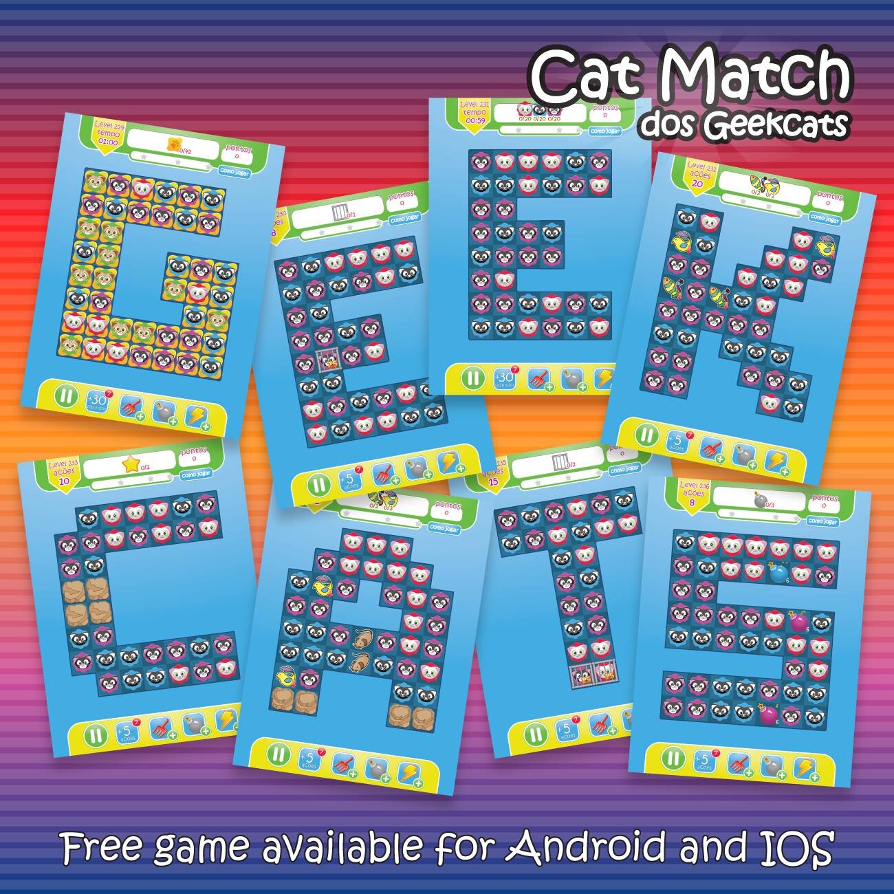 Cat Match — levels shaped like the letters G-E-E-K-C-A-T-S